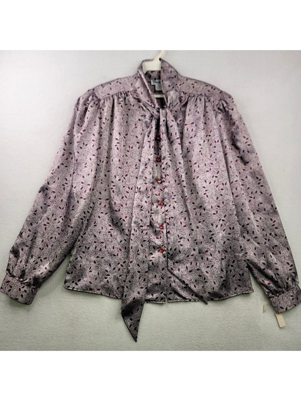 Vintage 80s Gailord Leaf Print Button Up Blouse 8 Purple Flowy Feminine Office